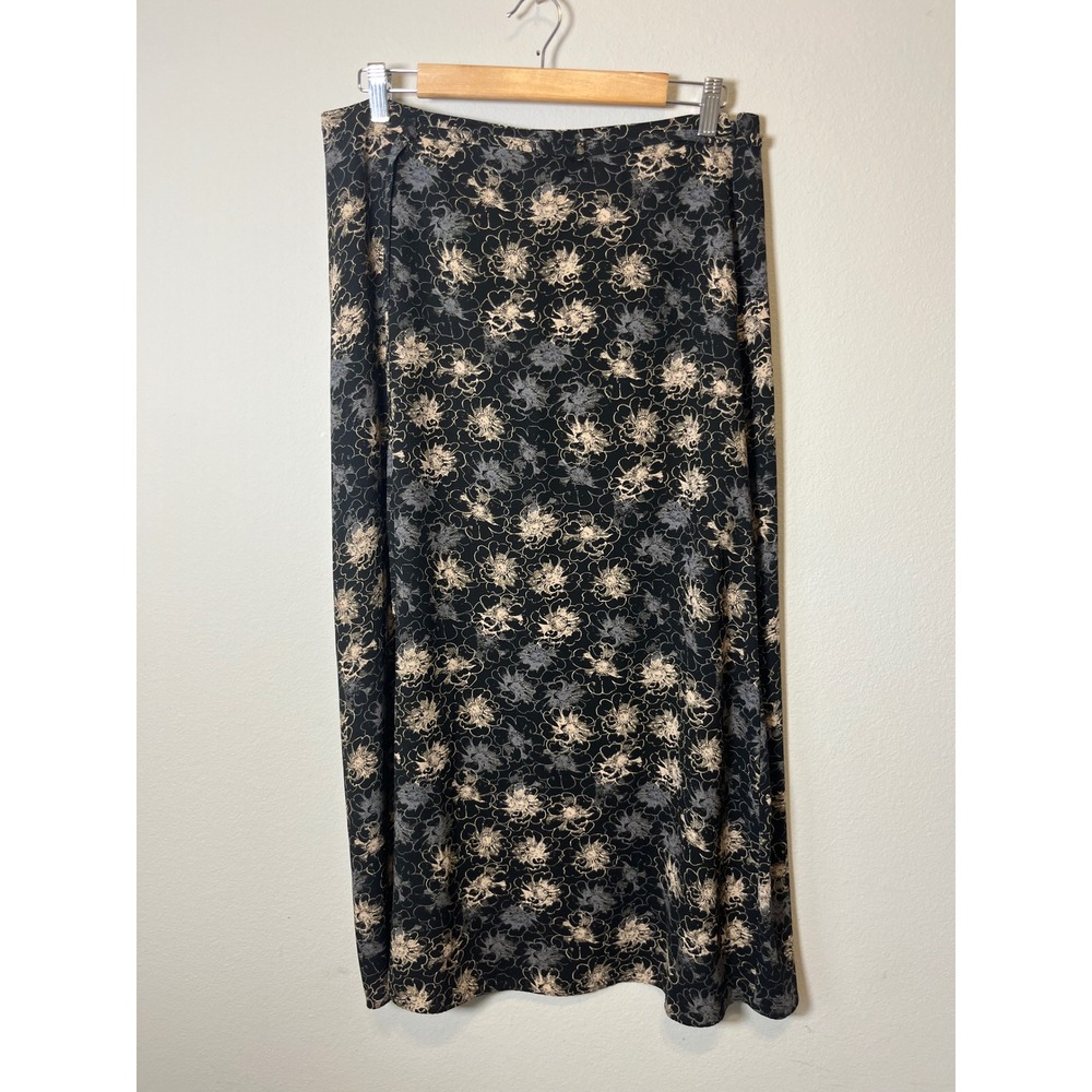 90's Liz Claiborne Lizsport Petite Black Floral Maxi Skirt Womens 14P A-Line